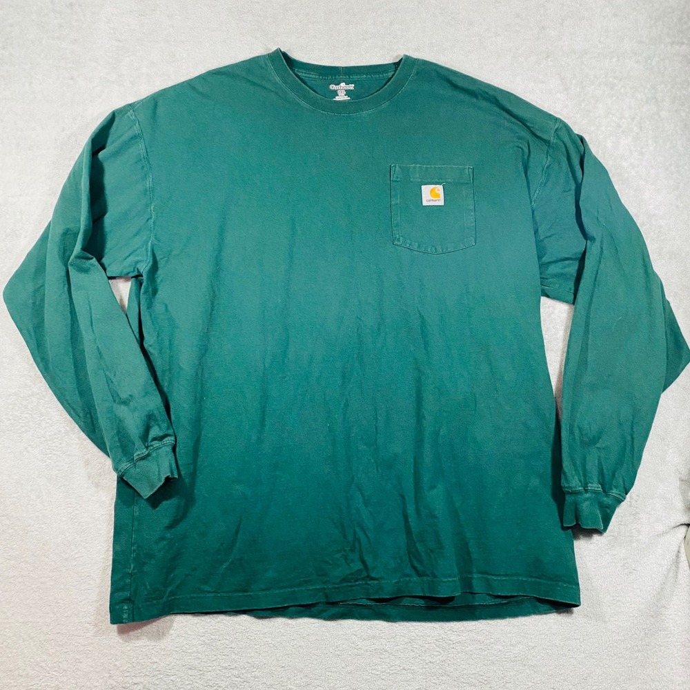 Carhartt Pocket T-Shirt Mens 2XL Tall Green Long Sleeve Cotton Workwear Tee